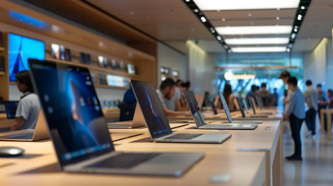 Fotografia hiper-realista de clientes explorando MacBooks em uma moderna loja da Apple.