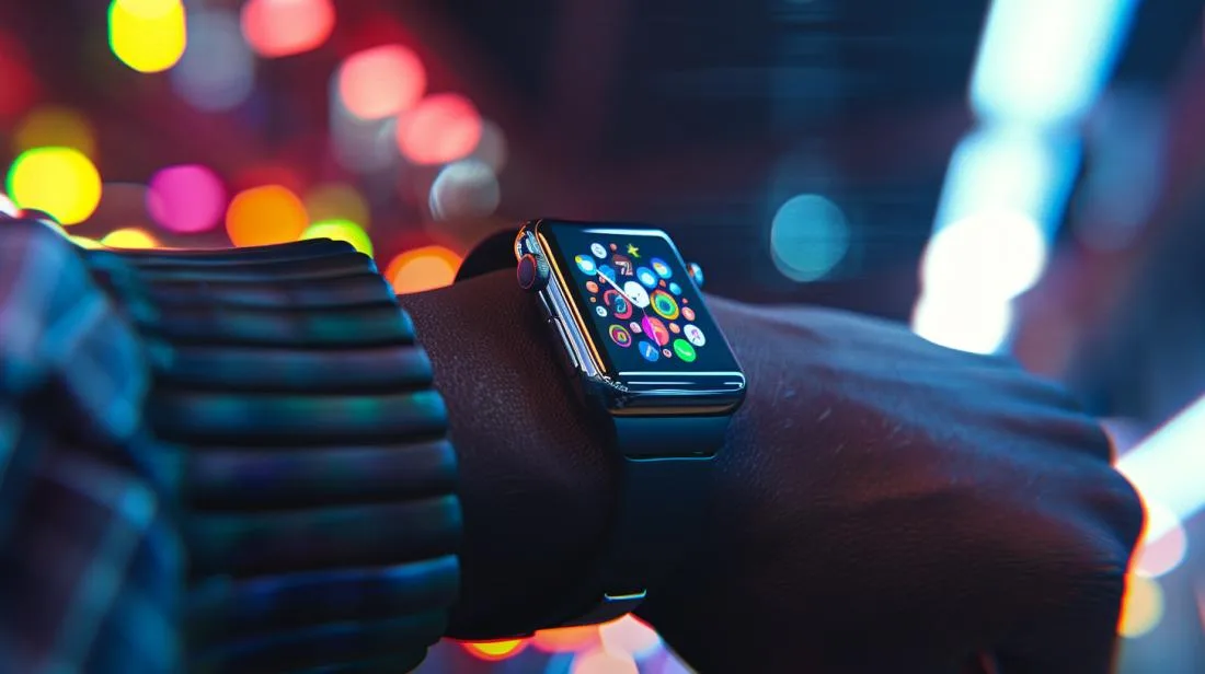 Fotografia hiper-realista do Apple Watch 38mm no pulso, destacando design e funcionalidade.