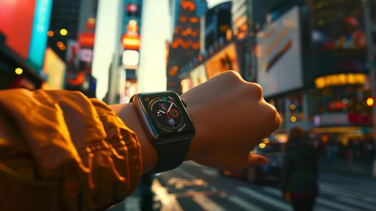 Fotografia hyperrealista de um Apple Watch 40mm no pulso em meio a uma cidade movimentada.