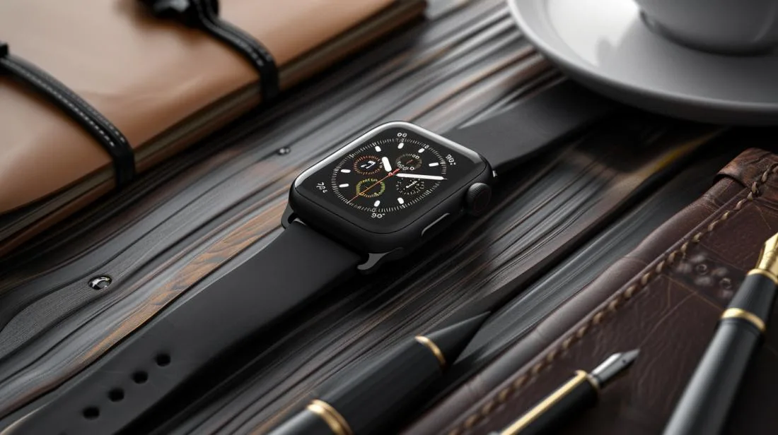 Fotografia hiper-realista do Apple Watch 4 em uma mesa minimalista com caderno e café.