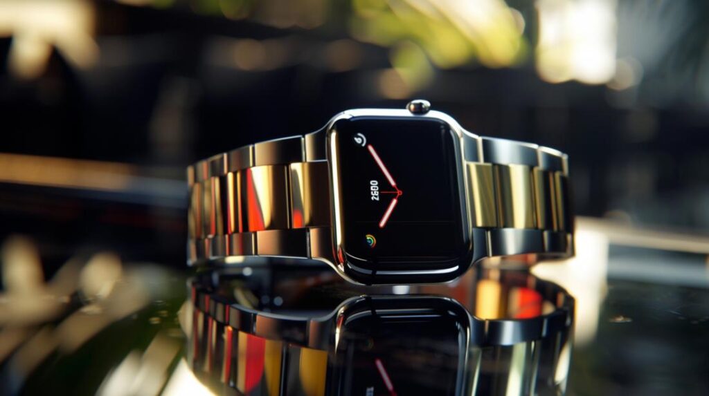 Apple Watch 4 specs: Quais são os destaques? 2 Fotografia hiperrrealista do Apple Watch 4 com case de aço inoxidável e display Retina vibrante.