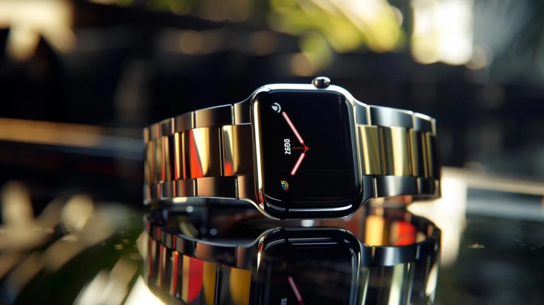 Fotografia hiperrrealista do Apple Watch 4 com case de aço inoxidável e display Retina vibrante.