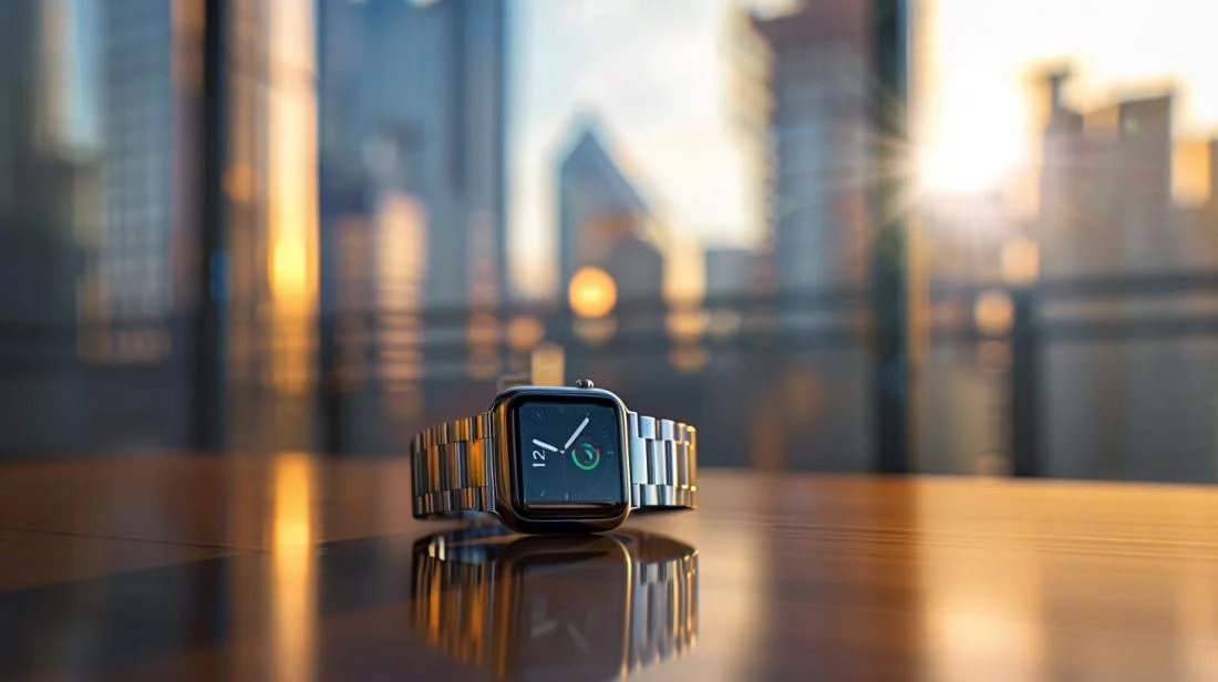 Fotografia hiper-realista do Apple Watch Series 5 em mesa de madeira, com fundo urbano desfocado.