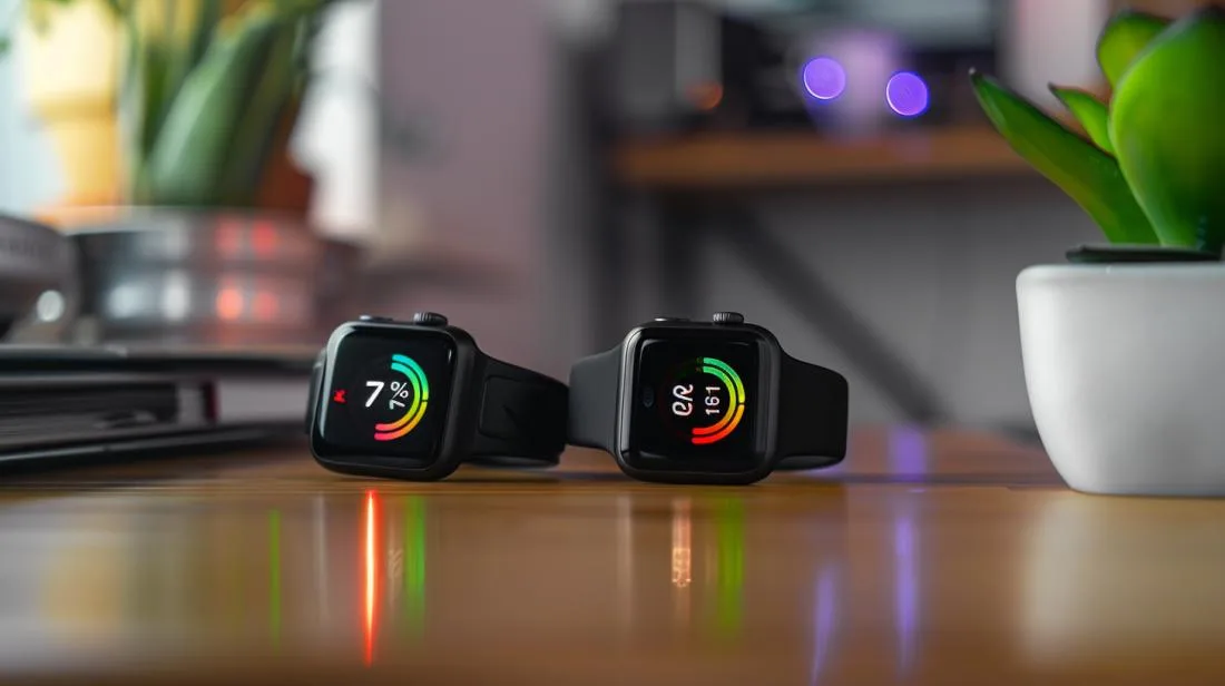Comparação lado a lado dos Apple Watch Series 5 e Series 3 em uma mesa de madeira.