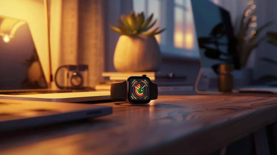Foto hiper-realista de um Apple Watch 6 com design elegante e display Retina vibrante.