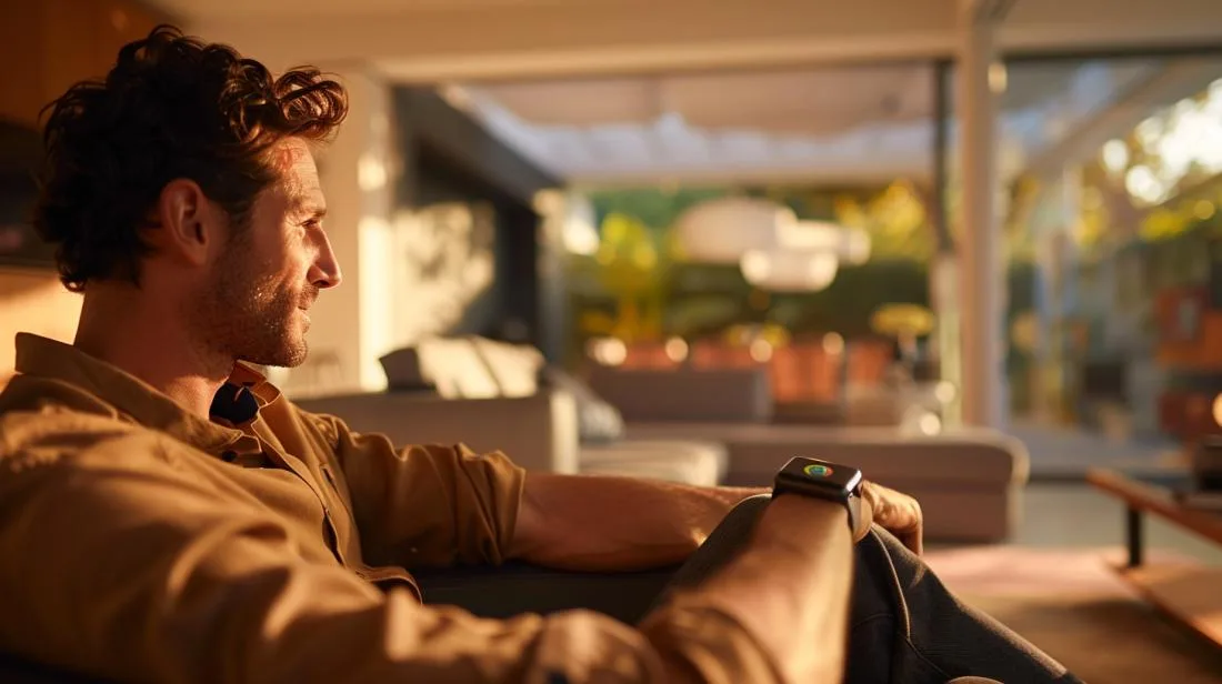 Fotografia hiper-realista de pessoa examinando o Apple Watch 6 em uma sala moderna minimalista.