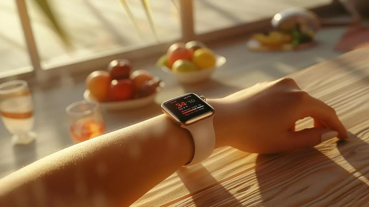 Fotografia hiper-realista de um Apple Watch no pulso, destacando monitoramento avançado de glicose.