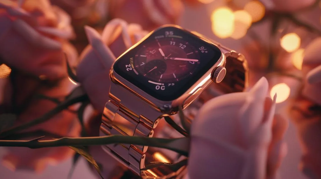 Apple Watch Rose Gold Edition em destaque, com acabamento luxuoso e cenário sofisticado minimalista.