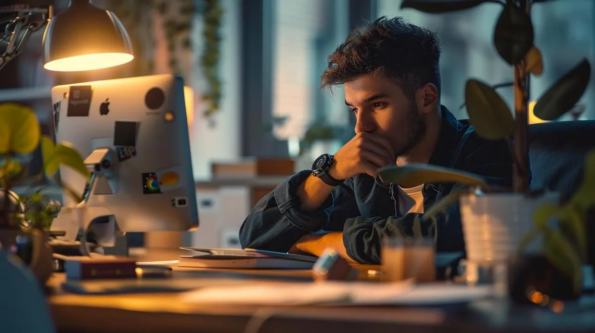 Fotografia hiper-realista de jovem profissional examinando minuciosamente o Apple Watch SE 2022 em mesa de trabalho.