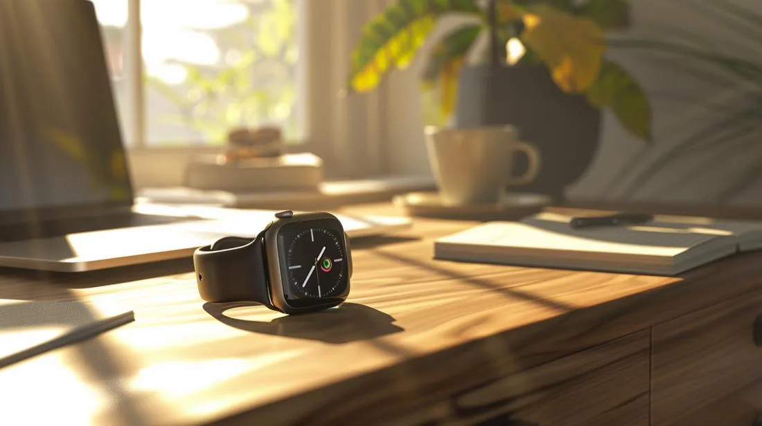 Foto hiper-realista do Apple Watch SE 2023 em mesa de carvalho com luz natural.