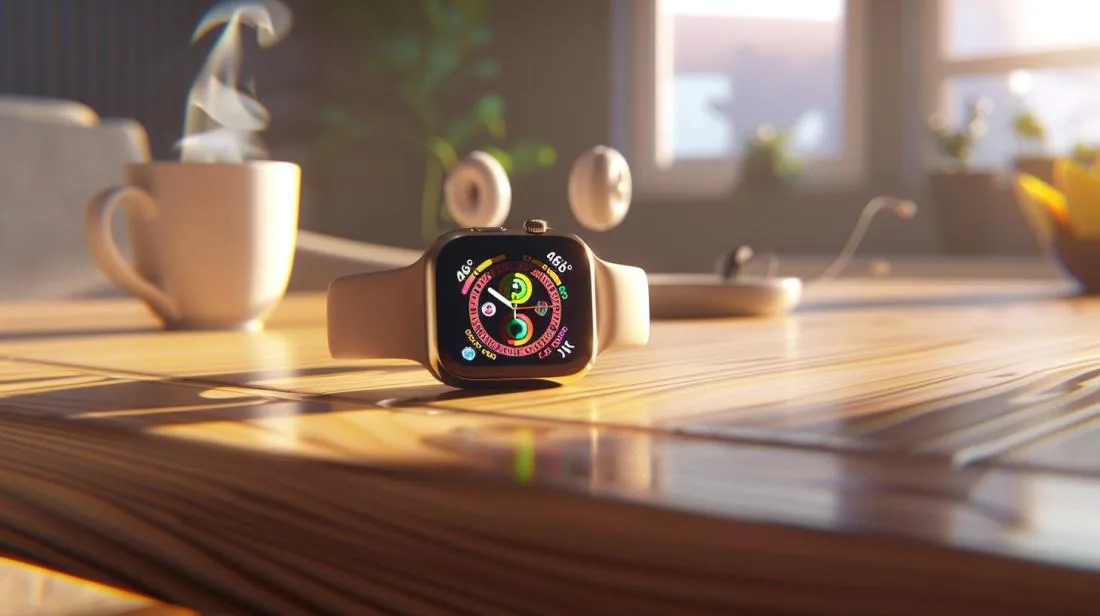 Foto hiper-realista do Apple Watch SE 44mm em uma mesa de madeira moderna.