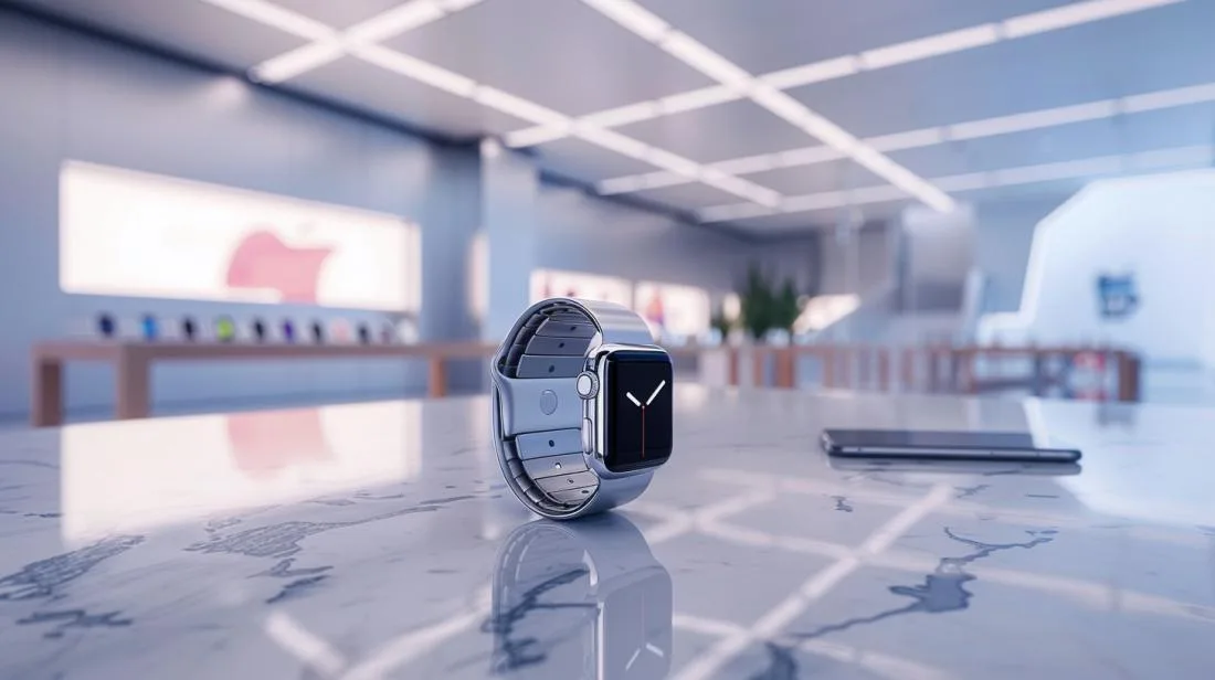Fotografia hiper-realista do Apple Watch Series 1 em superfície de mármore branca em loja moderna.