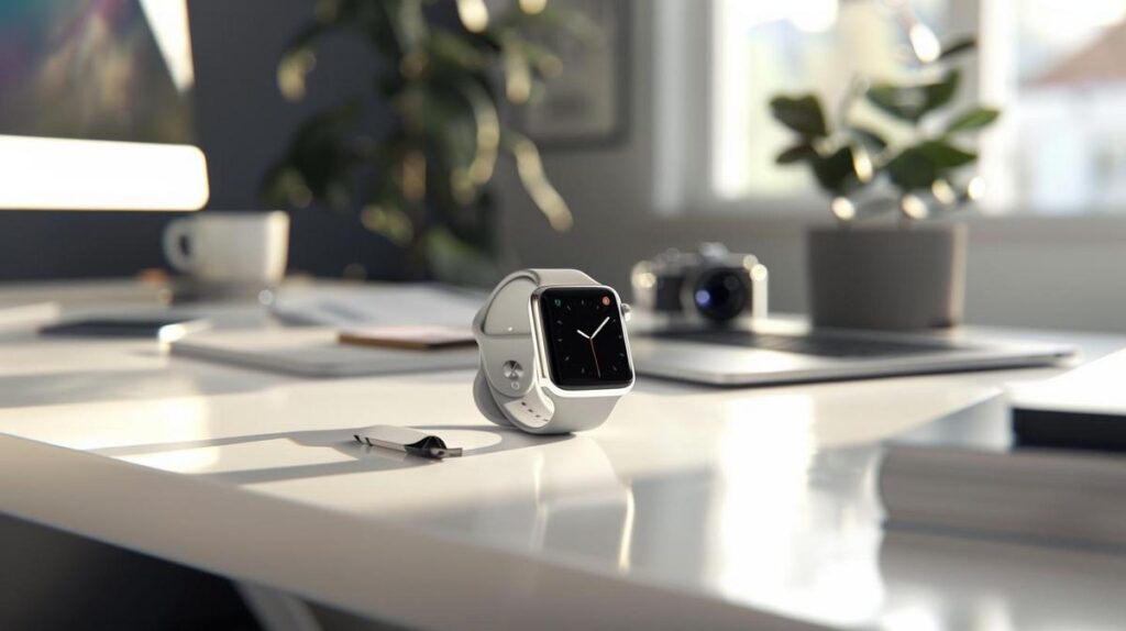Apple Watch Serie 3 42mm vale a pena em 2024? 2 Fotografia hiper-realista do Apple Watch Series 3 num ambiente de trabalho moderno e minimalista.