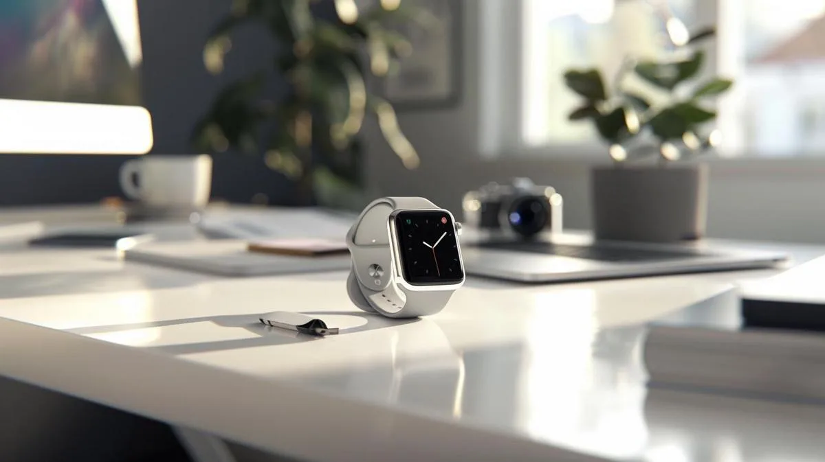 Fotografia hiper-realista do Apple Watch Series 3 num ambiente de trabalho moderno e minimalista.