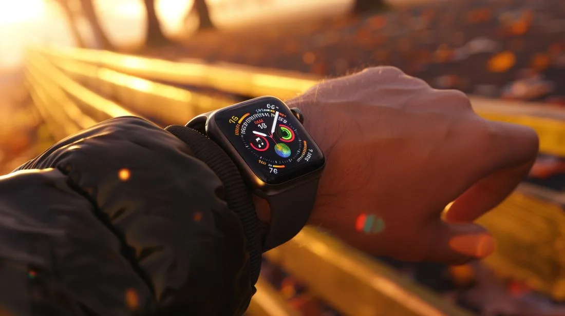 Foto hiper-realista destacando design sofisticado e funcionalidades avançadas do Apple Watch Series 7.