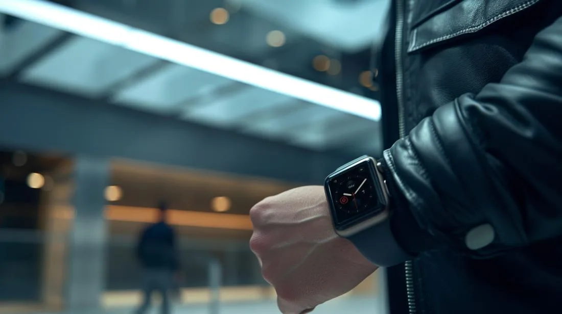 Foto hiper-realista do Apple Watch Series 2 no pulso de um profissional elegante.