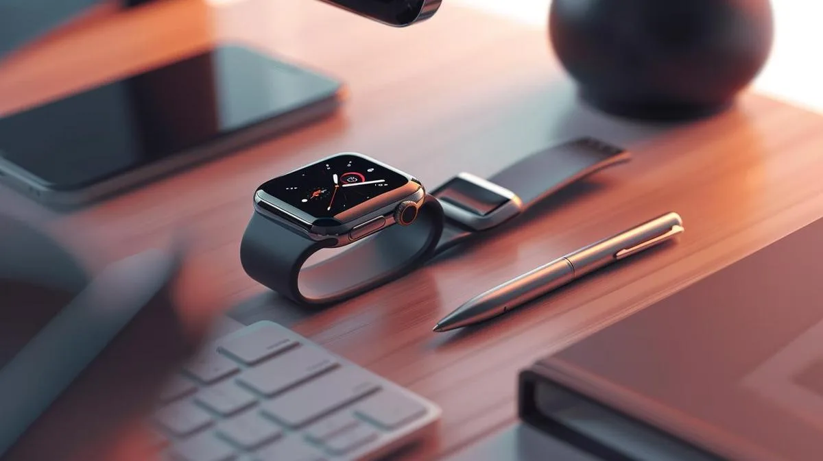 Fotografia hiper-realista de um Apple Watch Series 5 em workspace moderno com itens essenciais.