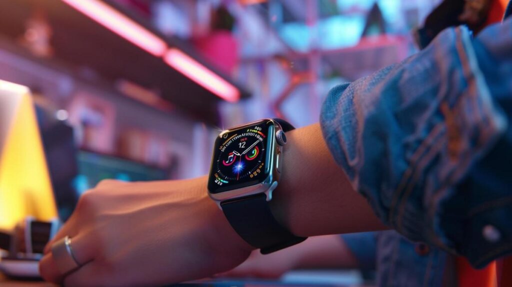 Fotografia hiper-realista da Apple Watch Series 8 em um ambiente de trabalho moderno e tecnológico.