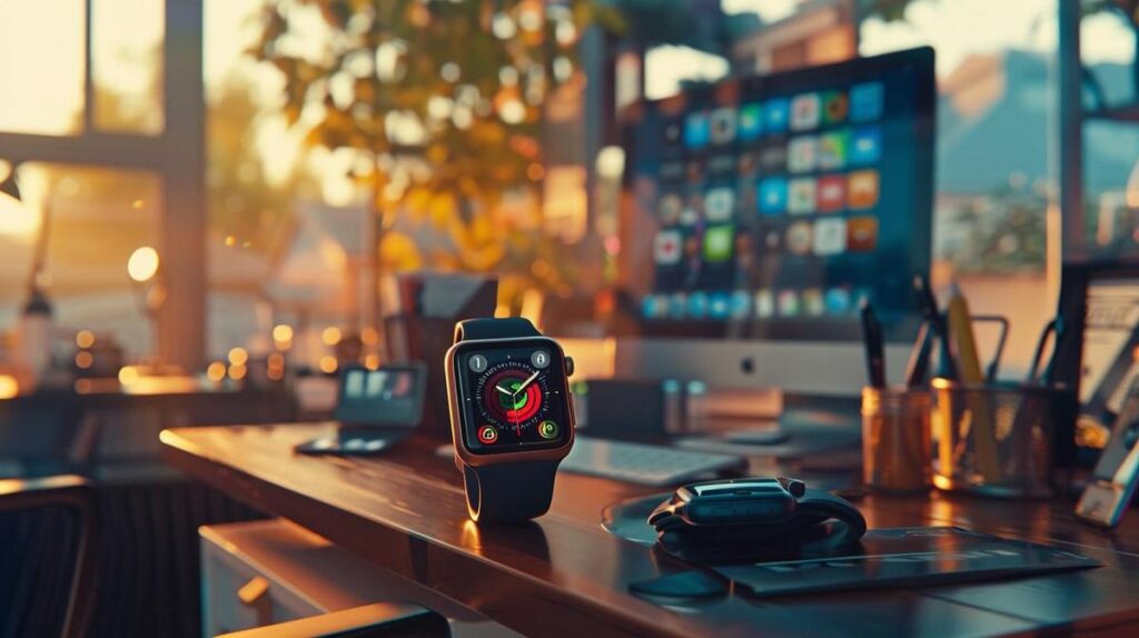 Apple Watch barato: onde encontrar o melhor preço? 2 Fotografia hiper-realista de um Apple Watch no centro, cercado por elementos de compras e ofertas online.