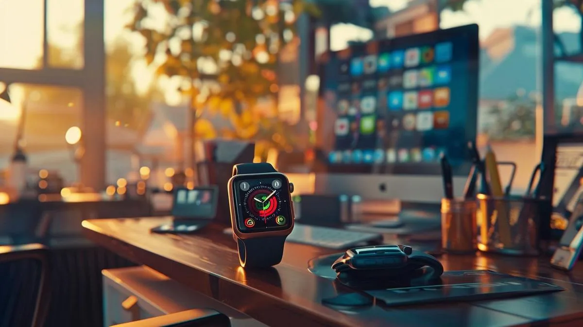 Fotografia hiper-realista de um Apple Watch no centro, cercado por elementos de compras e ofertas online.