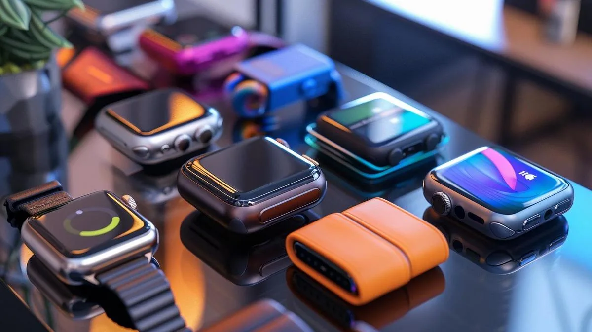 Apple Watch capinha: qual tipo scegliere? 15 Fotografia hiperralista de cover de Apple Watch, destacando diversos estilos e materiais em uma mesa moderna.