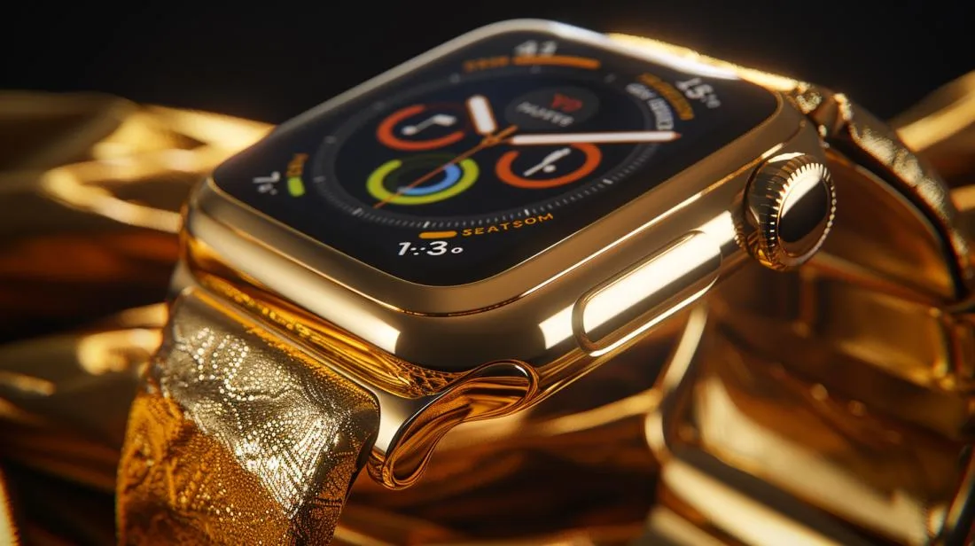 Fotografia hiper-realista de um Apple Watch dourado luxuoso sobre veludo, realçando detalhes elegantes.