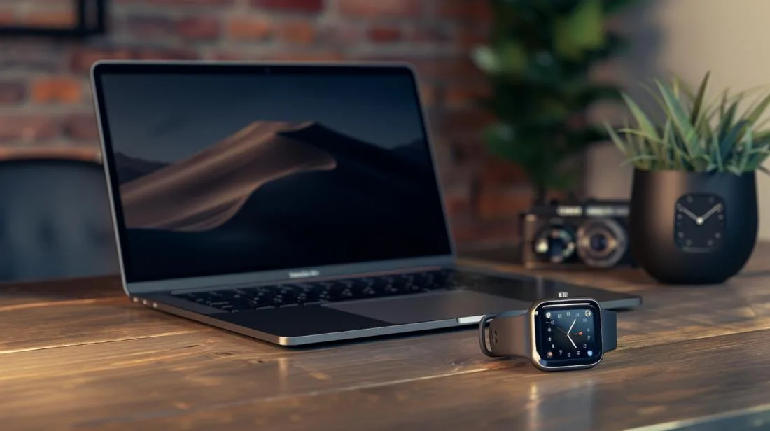 Workspace moderno com MacBook Pro e Apple Watch sincronizados, destacando integração tecnológica elegante.