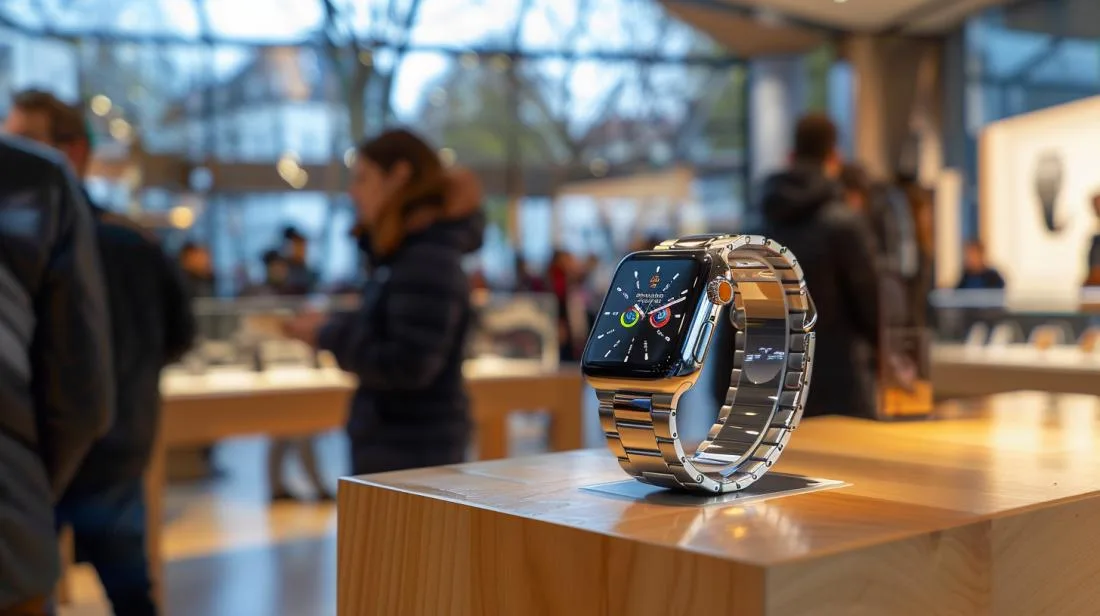 Fotografia ultradetalhada de um Apple Watch elegante em loja de luxo durante evento promocional.