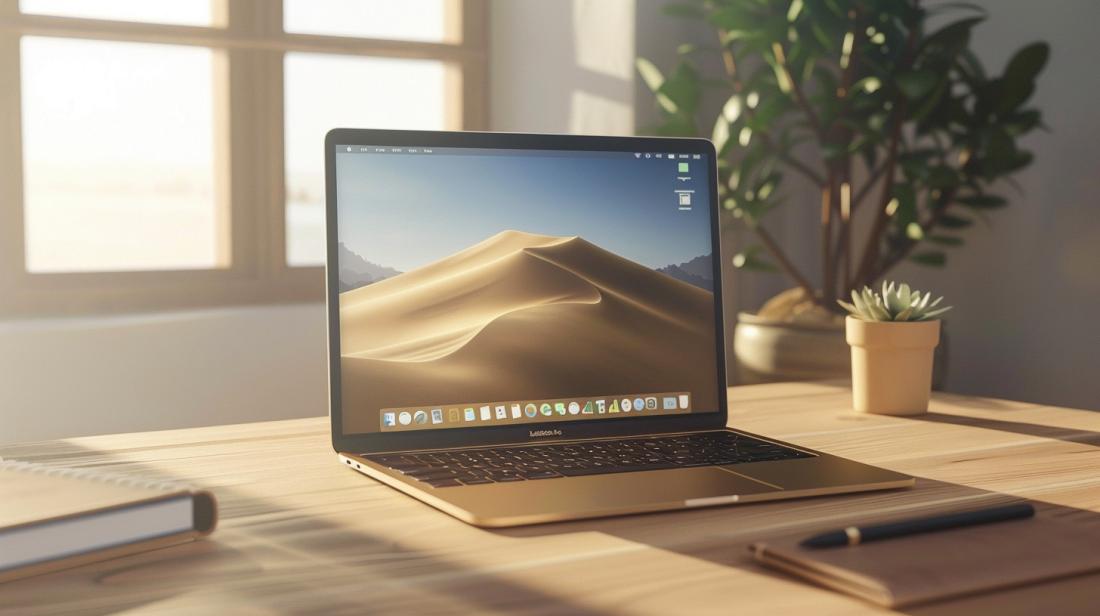 Apple refurbished macbook: vale a pena comprar um? 5 Fotografia hiper-realista de MacBook reformado em ambiente moderno com acessórios de escritório elegantes.