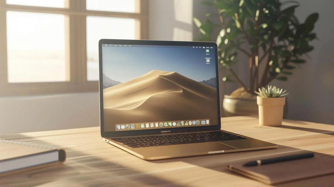 Fotografia hiper-realista de MacBook reformado em ambiente moderno com acessórios de escritório elegantes.
