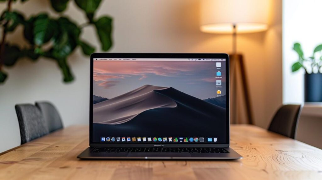 Apps MacBook: quais valem a pena usar? 2 MacBook Pro moderno em mesa minimalista com ícones de apps de produtividade e criatividade.
