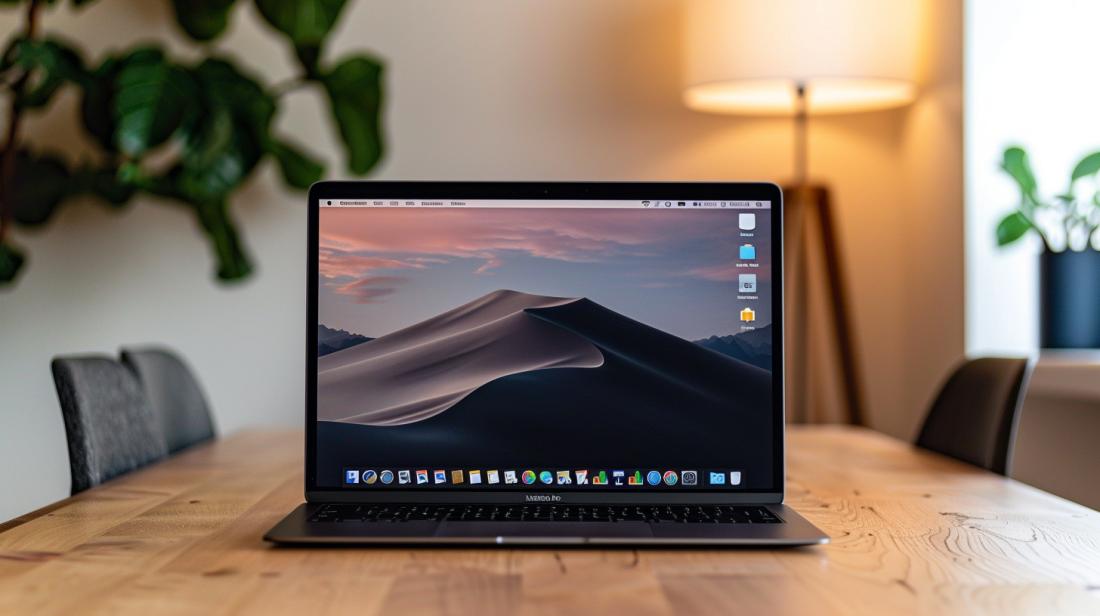 MacBook Pro moderno em mesa minimalista com ícones de apps de produtividade e criatividade.