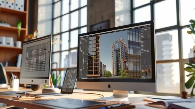 Fotografia hiper-realista de MacBook Pro exibindo desenhos 3D detalhados de arranha-céu no AutoCAD.