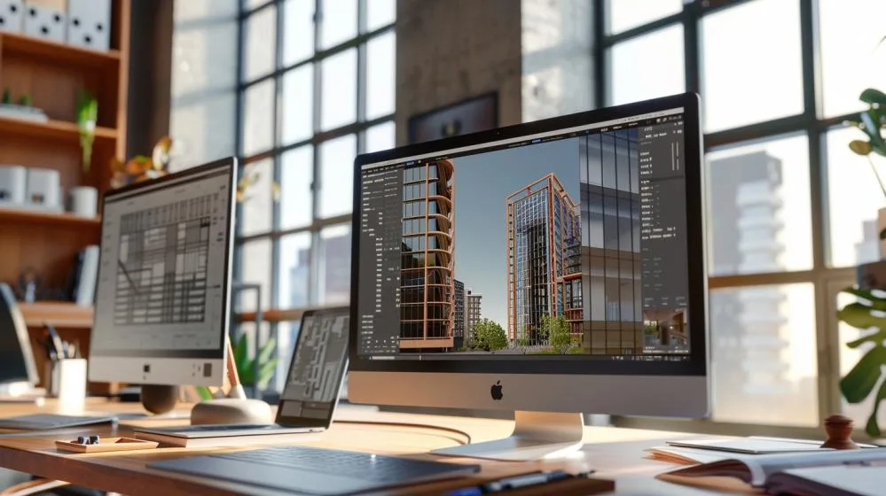 Fotografia hiper-realista de MacBook Pro exibindo desenhos 3D detalhados de arranha-céu no AutoCAD.