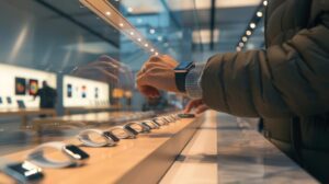 Base Apple Watch: Qual a Melhor Opção para Comprar? 4 Fotografia hiperrrealista de pessoa examinando modelos de Apple Watch em loja moderna e luminosa.
