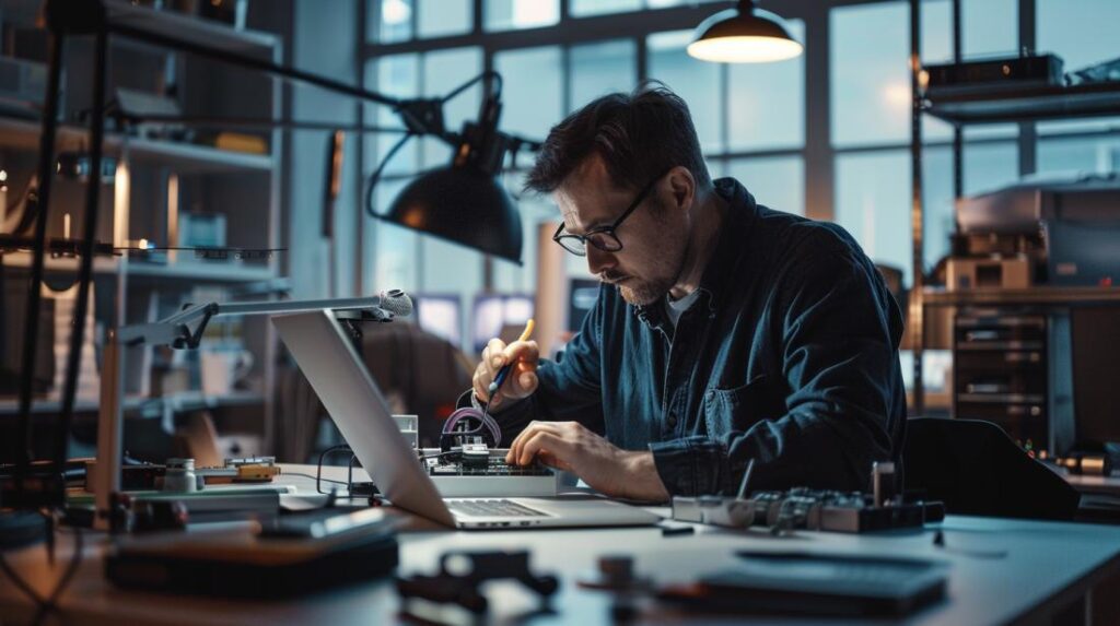 Técnico inspecionando minuciosamente a batterie de um MacBook Pro 13 em environnement bem iluminado.