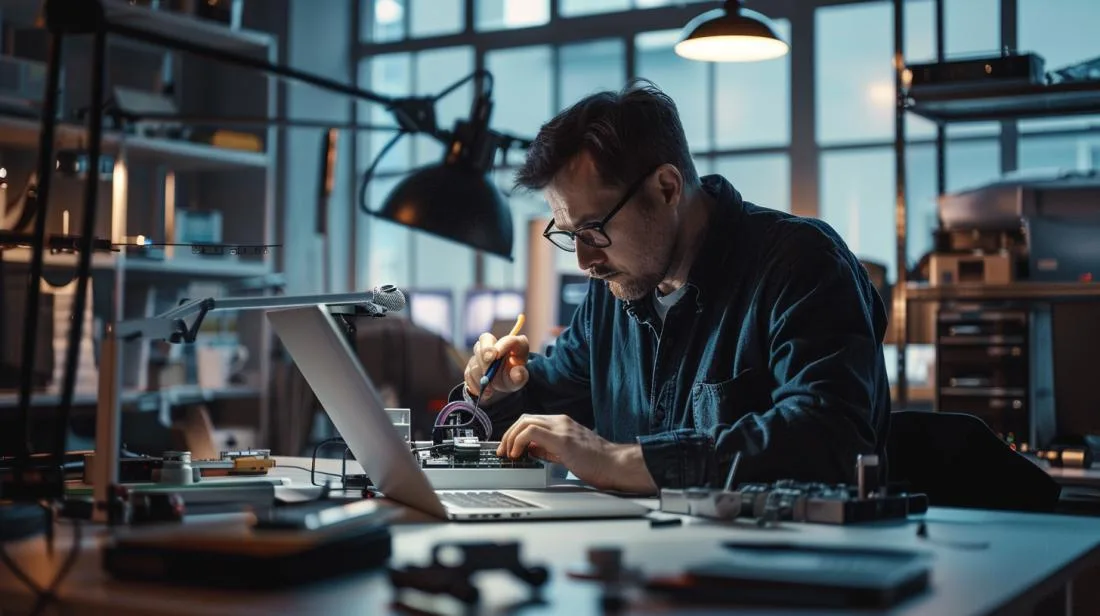 Técnico inspecionando minuciosamente a bateria de um MacBook Pro 13 em ambiente bem iluminado.