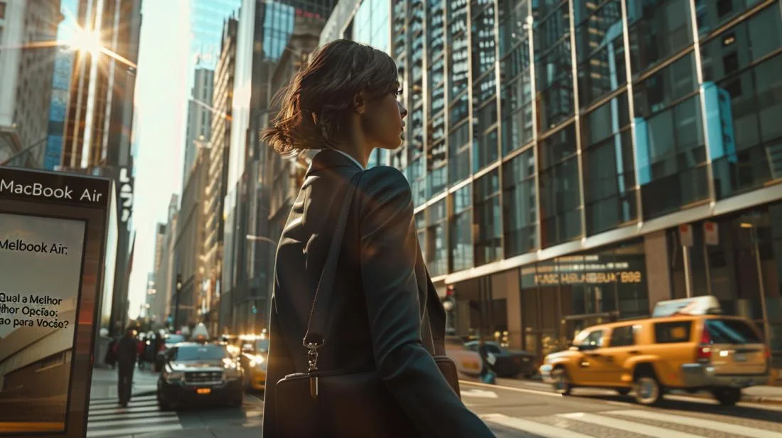 Mulher elegante andando na cidade com Bolsa MacBook Air, refletindo modernidade e eficiência urbana.