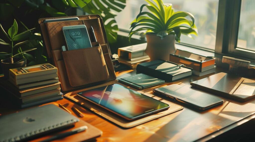 Bolsa para iPad: Qual modelo escolher? 2 Fotografia hiper-realista de um iPad em capa elegante, rodeado por diversos modelos de capas.