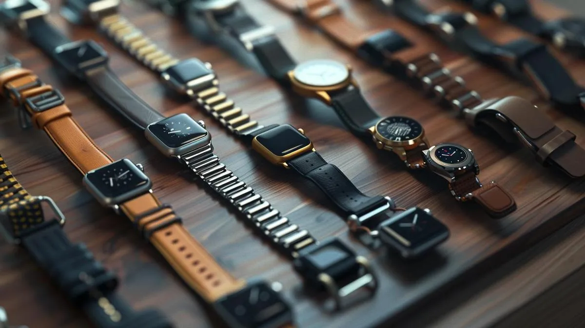 Fotografia hiper-realista de pulseiras de Apple Watch 44mm exibidas em uma mesa minimalista.