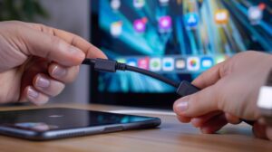 Cabo HDMI para iPad Air: Como Fazer a Conexão na TV? 5 Mãos conectando um cabo HDMI a um iPad Air com TV ao fundo.