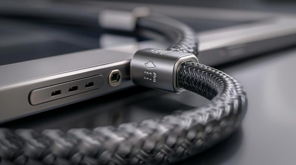 Cabo para iPad 4: Qual é o mais durável? 2 Foto hiper-realista de cabo de carregamento iPad 4 trançado, destacando durabilidade e elegância.