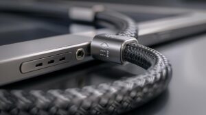 Cabo para iPad 4: Qual é o mais durável? 3 Foto hiper-realista de cabo de carregamento iPad 4 trançado, destacando durabilidade e elegância.