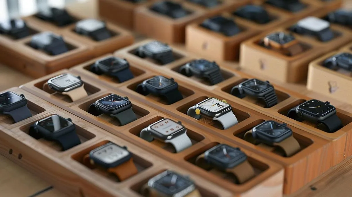 Case Apple Watch: Qual é a migliore para seu modelo? 12 Fotografia hiper-realista de cover da Apple Watch em exibição de madeira, destacando dettagli e materiais.