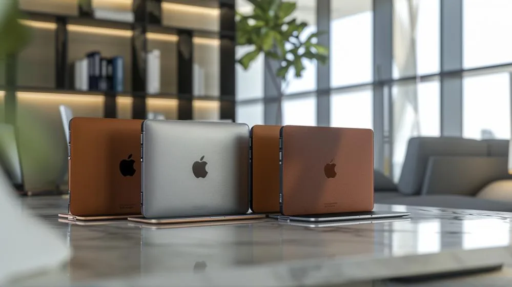 Cover MacBook: Come scegliere a opzione certa? 20 Fotografia hiper-realista de cover premium para MacBook em mesa minimalista em escritório moderno.