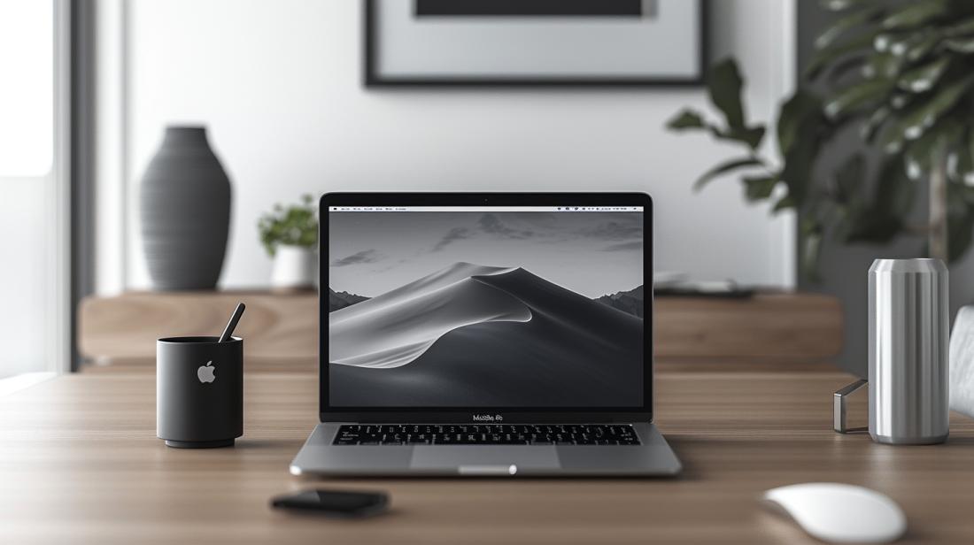 Fotografia hiper-realista de um MacBook Air moderno com capa estilosa em ambiente de escritório minimalista.