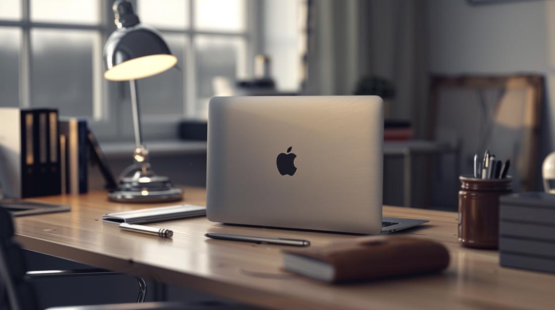 Fotografia hiper-realista de espaço de trabalho moderno com MacBook Air 13, capa elegante e acessórios minimalistas.