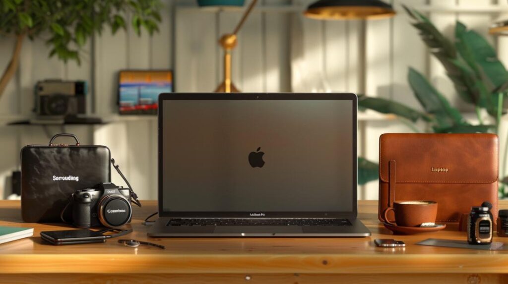 Capa MacBook Pro 13: Qual é a Melhor Opção? 2 Fotografia hiper-realista de MacBook Pro 13" com capas elegantes em mesa minimalista de madeira.