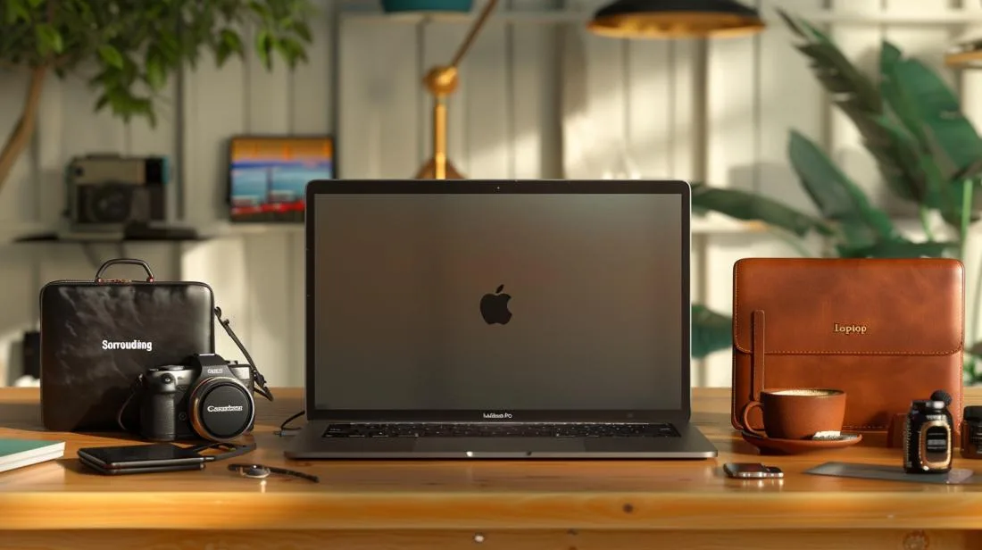 Fotografia hiper-realista de MacBook Pro 13" com capas elegantes em mesa minimalista de madeira.