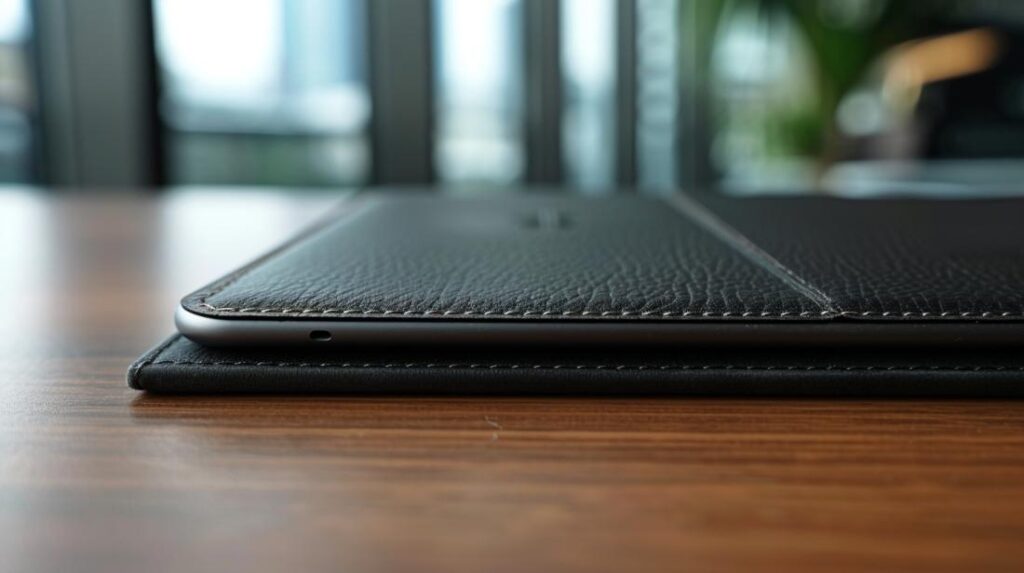 Capa iPad 2 Air: Qual é a Melhor Opção? 2 Fotografia hiper-realista de capa para iPad 2 Air em cenário urbano elegante.